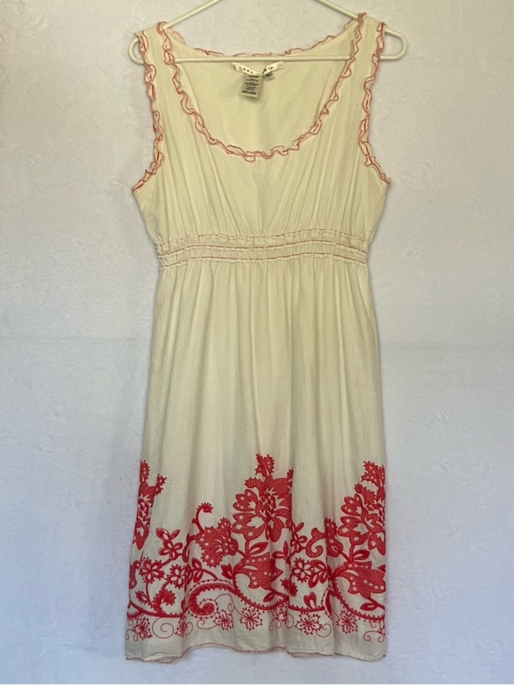Max Studio XL Cream Red Floral Embroidered Ruffle Peasant Cinch Waist Cotton